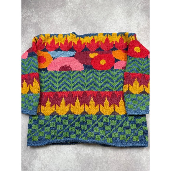 VTG AMANO Hand Knit 100% Wool Cardigan Sweater OS Made Bolivia Folk Art Floral - Picture 13 of 16